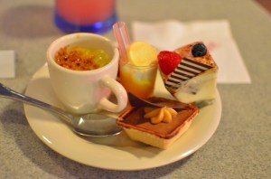 Creme brulee (good), mango shooter (good if you like disgusting things), tiramisu (excellent), peanut butter chocolate tart (dry and disappointing)