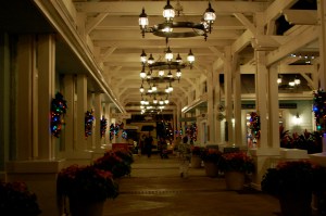 Walking by the Hospitality House at night.