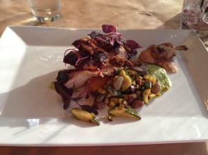 Organic chicken with summer squash & butter bean succotash, sweet corn pudding, ancho pepper sauce, and a sesame crisp