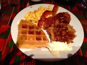 Ham and cheddar eggs; bacon; waffles; banana bread pudding with praline sauce.